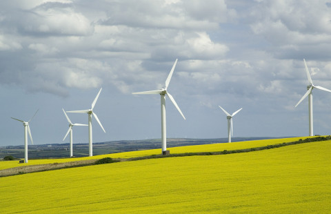Tuulivoimalat muodostavat tuulipuiston kumpuilevassa maisemassa.