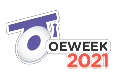 OEWeek2021 logo, tekstiä ja tyylitelty akateeminen tupsulakki.