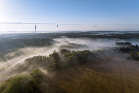 Wind energy mills at dawn in misty landscape in Finland. 