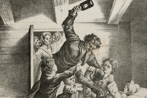 Turmiolan Tommin hahmo on toiminut varoittavana esimerkkinä juopottelun ja rikollisen elämän vaaroista. Kuvassa Frans Oskar Liewendalin painokuva vuodelta 1858. Kuvalähde: Museovirasto, Historian kuvakokoelma.