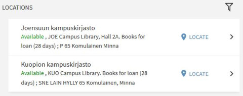 Screenshot of a book&#039;s locations in UEF Library. Book&#039;s author name is Komulainen.